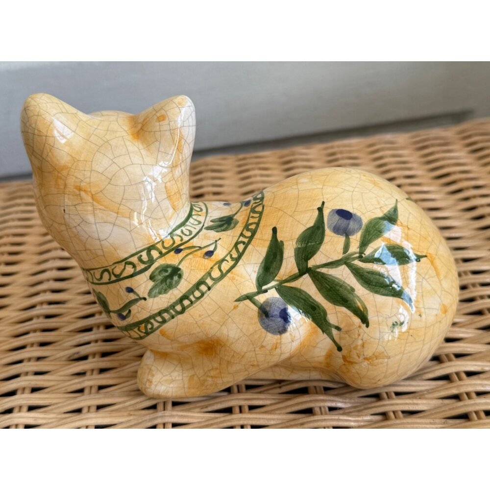 Vintage 70's Ceramic Cat Crackle Glaze Hand Painted Olive Branch - Picture 3 of 13